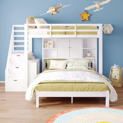 Stapelbed met opbergplanken - 90x200cm en 140x200cm - kinderbed met opbergtrap en verplaatsbare bijzettafel - wit - zonder matras