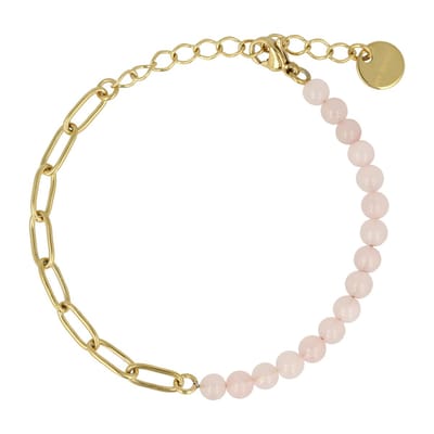My Bendel - Combi Schakelarmband Goudkleurig Rose Quartz Edelsteen - Goudkleurige Schakelarmband met Roze Quartz Edelstenen - met Luxe Cadeauverpakking | Sieraden Voor Dames