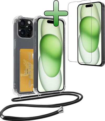 Hoes Geschikt voor iPhone 15 Pro Hoesje Pas Houder Shock Proof Case Hoes Met Koord Met Screenprotector - Hoesje Geschikt voor iPhone 15 Pro Hoes Met Telefoonkoord Pasjeshouder Cover - Transparant