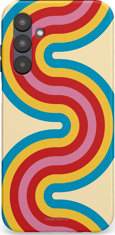 Casetastic hoesje geschikt voor Samsung Galaxy A25 - Dubbellaagse bescherming - Retro kronkels - Fashion Case - Crème Lichtblauw Goud Rood