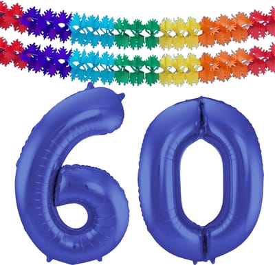 Folat Verjaardag Leeftijd folieballon - 60 jaar - blauw - 86 cm - cijferballon groot - incl 2x feestslingers