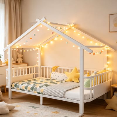 FloraGrace Hemelbed 90x200 cm - Kinderbed Met Veiligheidshekje En Huisvormig Dakframe - Zonder Matras - Eenpersoons Metaal - Wit