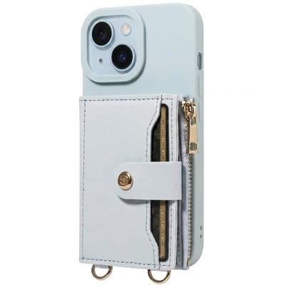 Lichtblauw telefoon hoesje met portemonnee en rits geschikt voor iPhone 15 – kunstleer beschermende wallet case voor dames en heren met pasjeshouder, druksluiting, draagkoord bevestiging en standaard functie