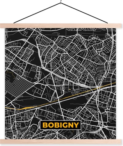 Posterhanger incl. Poster 40x40 cm - Schoolplaat - Stadskaart – Frankrijk – Kaart – Bobigny – Plattegrond - Textielposter - Blanke latten - Stadskaart