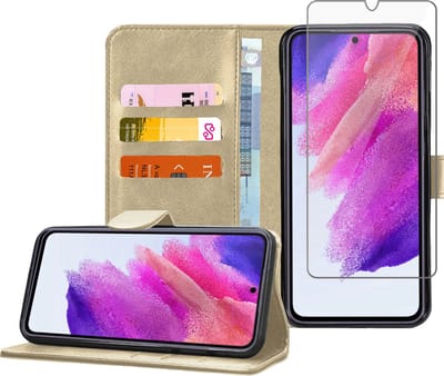 Hoesje geschikt voor Samsung S21 FE - Screenprotector Tempered Glas Screen Cover - Book Case Flip Hoes Goud