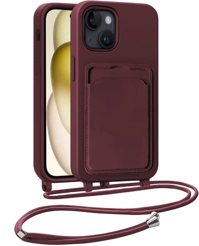 Hoesje Geschikt voor iPhone 15 Plus Telefoonhoesje Met Koord Case Pashouder Siliconen - Hoes Geschikt voor iPhone 15 Plus Hoesje Met Kaarthouder - Aubergine
