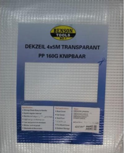 Benson Stevig dekzeil - 4 x 5 meter - Transparant wit - Bevestigingsgaten - Verstevigd - Op maat te knippen
