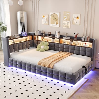 MODFU - Slaapbank Met Opbergruimte En Ledverlichting - Met Oplaadpunten En Planken - Modern - Fluweel - Grijs - 90 X 200 Cm