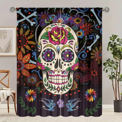 2 stuks - Schedel - Gordijnen met print - Polyestermateriaal - Slaapkamer, woonkamer, studeerkamer privégordijnen - aanpasbare patronen 30inchx65inchx2Pcs brown