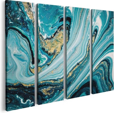 Artaza Canvas Schilderij Vierluik Abstracte Luxe Kunst in het Blauw met Goud - 80x60 - Foto Op Canvas - Canvas Print