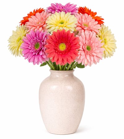 Mica Decorations Boeket Kunstbloemen Gerbera's - H60 cm - 4 kleuren mix - 12x stelen kunstbloemen - gekleurde bloemetjes
