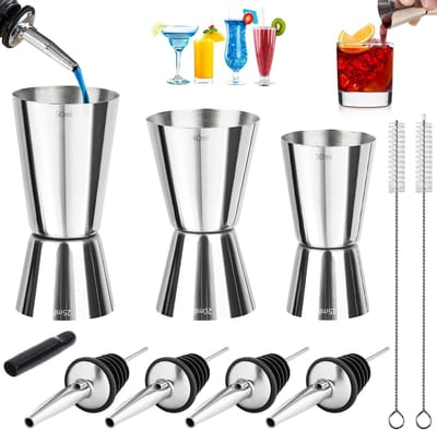 SnelShoppen - 3 Stuks Cocktail Meetbeker 3cl 4cl 5cl Dubbele Maatbeker RVS met 4 Flessen Gietstukken en 2 Borstels - Cocktail Jigger voor Keuken, Bar,