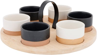 Cosy & Trendy Serveerplank bamboe - met 6x luxe schaaltjes - 25 x 25.5 cm - tapas hapjes en saus schaaltjes - party set