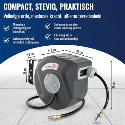 Persluchtslanghaspel - Automatische oproller - Werkplaats organiseren - Robuuste metalen houder - 10 meter slang - Zwart