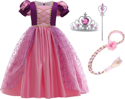 Het Betere Merk - Prinsessenjurk meisje - Roze / Paarse jurk - maat 92/98 - Verkleedkleding meisje - Kroon - Tiara - Carnavalskleding Kind - Kleed - Haarband met vlecht - Magische toverstaf