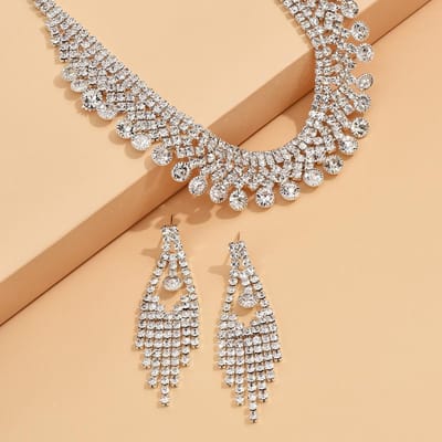 3PCS Mode Sieradenset Kwastje Water Diamant Oorbellen Ketting Feest Mode Accessoires Silver&45cm white