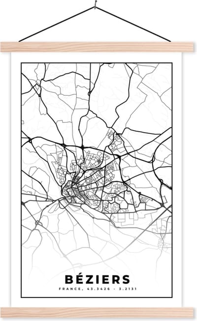 Posterhanger incl. Poster 40x60 cm - Schoolplaat - Kaart - Frankrijk - Béziers - Stadskaart - Plattegrond - Zwart wit - Textielposter - Blanke latten - Stadskaart
