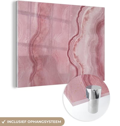 MuchoWow® Glasschilderij 120x90 cm - Schilderij acrylglas - Rosé - Agaat geode - Stenen - Kristal - Foto op glas - Schilderijen