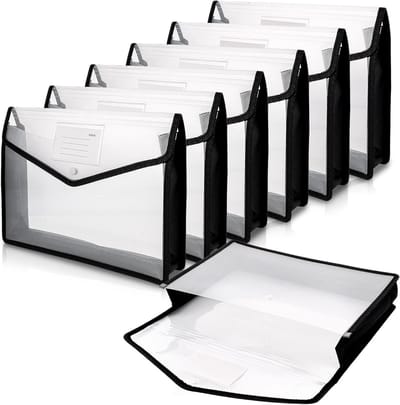 Set van 8 A4 Document Compartimenten, Plastic Verzamelmappen, Projectmappen met Drukknop voor Kantoor, School en Reizen, Zwart