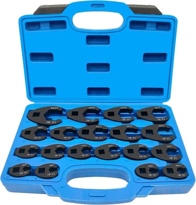 19-delige crowfoot flare moer sleutel set, metrisch chroom molybdeen staal, 8-32 mm, open end drive kraaienpootjes sleutel, kraaien voet spanner.