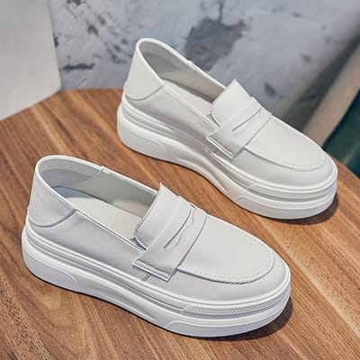 Nieuwe Witte Split Koeienleer Platform Loafers Dames Echt Leer Flats Meisjes Dikke Zool Slip On Platte Schoenen Vrouwelijk Lente 5 wit