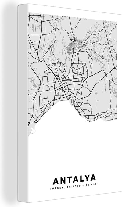 Canvas Schilderij Antalya - Stadskaart - Plattegrond - Zwart Wit - Kaart - 20x30 cm - Wanddecoratie