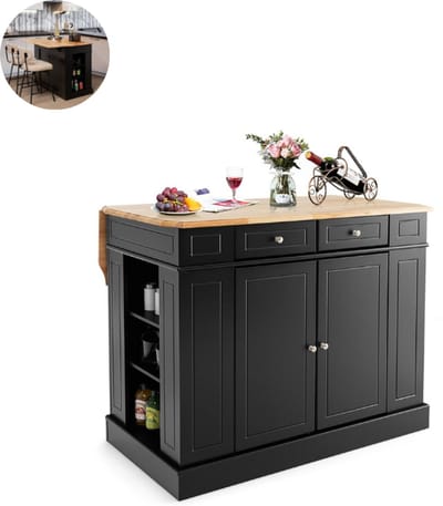 Keukeneiland - Verplaatsbaar - Keukenkast - Dressoir - Organizer - Kasten - Houten Werkblad - 2 Deuren - Zwart