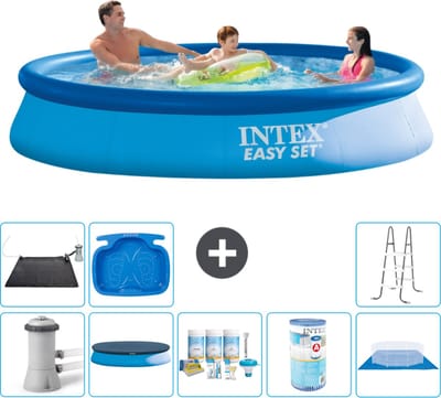 Intex Rond Opblaasbaar Easy Set Zwembad - 366 x 76 cm - Blauw - Inclusief Pomp - Afdekzeil - Onderhoudspakket - Filter - Grondzeil - Solar Mat - Ladder - Voetenbad - 9-delig