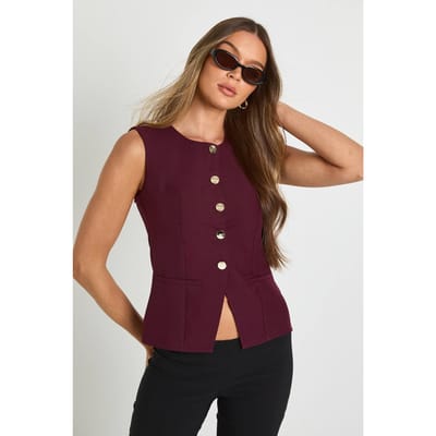 boohoo Dames Op maat gemaakt vest met knoopaccenten | Wijn | Maat: 38