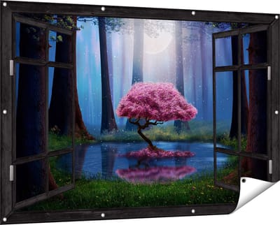 Gards Tuinposter Doorkijk Roze Boom op een Vijver in de Nacht - 150x100 cm - Tuindoek - Tuindecoratie - Wanddecoratie buiten - Tuinschilderij