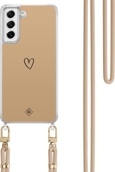 Casimoda® hoesje met koord - Geschikt voor Samsung S21 FE - Hart Bruin - Afneembaar koord - TPU/polycarbonaat - Bruin/beige