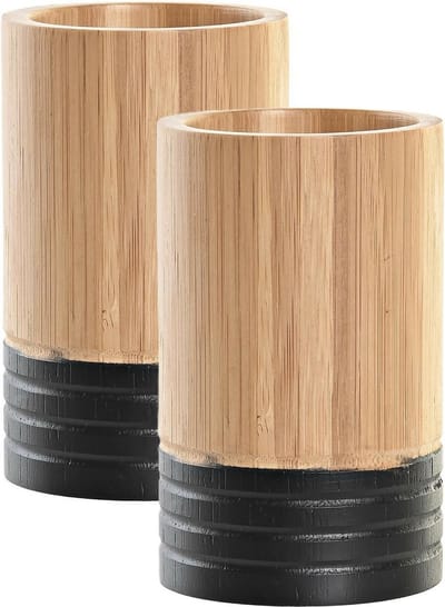 Items - 2x - Badkamer tandenborstel houder/beker - hout - beige - 7 x 11 cm