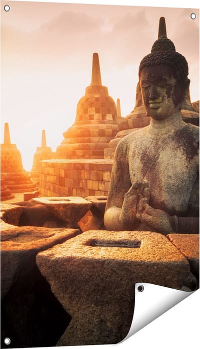 Gards Tuinposter Boeddha Beeld in een Tempel - 60x90 cm - Tuindoek - Tuindecoratie - Wanddecoratie buiten - Tuinschilderij
