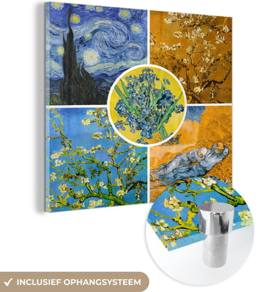 MuchoWow® Glasschilderij 50x50 cm - Schilderij acrylglas - Van Gogh - Collage - Sterrennacht - Foto op glas - Schilderijen