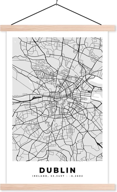 Posterhanger incl. Poster 40x60 cm - Schoolplaat - Dublin - Stadskaart - Zwart Wit - Plattegrond - Kaart - Textielposter - Blanke latten - Stadskaart
