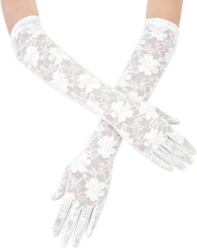 Korte Kanten Handschoenen voor Dames, Ellebooglange Opera Handschoenen met Bloemenkant, Rekbaar voor Bruiloften, Vintage Feestjes en Danskostuums