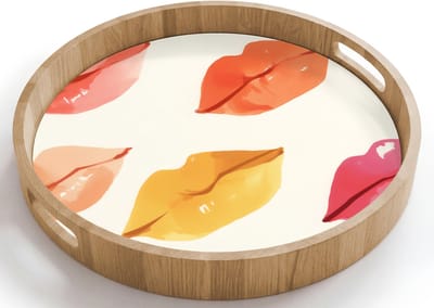 Dienblad rond 40x40 cm - Schootdienblad hout - Lippen - Kleurrijk - Glanzend - Borrelplank rechthoek - Plateau houten dienbladen