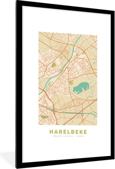 Fotolijst incl. Poster - Retro - Kaart - Plattegrond - Harelbeke - Stadskaart - 60x90 cm - Posterlijst