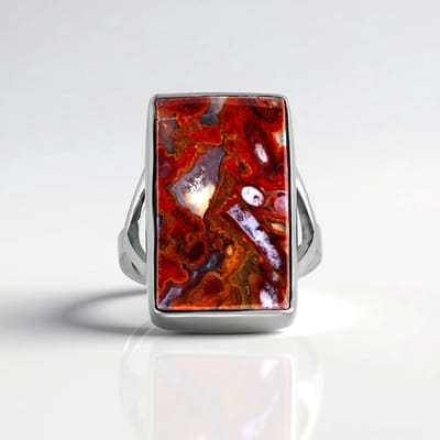 Cavill - Zilveren Ring met 13,5 ct Versteend Palmhout - 925 Sterling Zilver Geplatineerd - Bali Barong Baguette Cabochon - Elegant Natuurlijke Sieraad