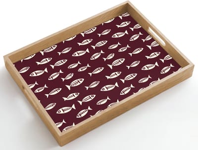 Dienblad hout 50x35 cm - Schootdienblad - Vissen - Grafisch - Patroon - Donker - Borrelplank rechthoek - Plateau dienbladen