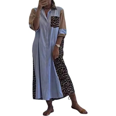 Casual jurk, overhemdjurk met luipaardprint, omgeslagen kraag, borstzakken, A-lijn midi-jurk voor de lente en herfst voor dames. XL