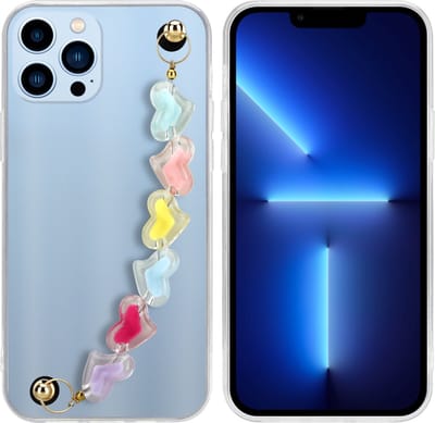 Cadorabo Hoesje geschikt voor Apple iPhone 13 PRO MAX in Transparant met kleurrijke hartjes - Beschermhoes van flexibel TPU silicone Case Cover met polsketting