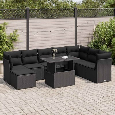 vidaXL - 9-delige - Loungeset - met - kussens - poly - rattan - zwart