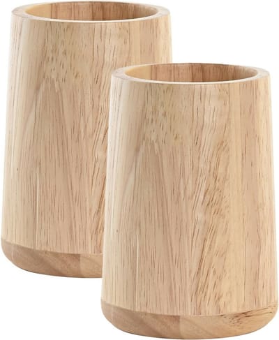 Items badkamer tandenborstel houder/beker - 2x - hout - beige - 8 x 11 cm