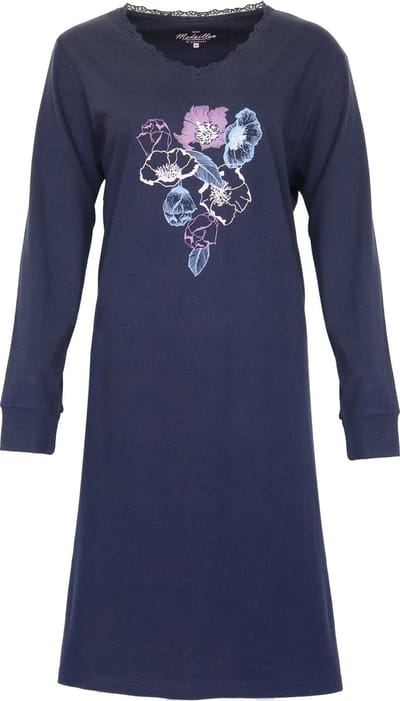 Medaillon Dames Nachthemd - Bloemenprint - Peacoat Blauw - Maat S
