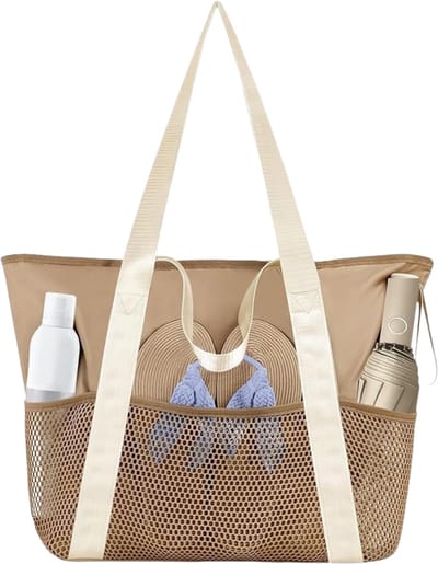 Ultiluxe® Strandtas voor dames - Beige/bruin - Schoudertas voor het strand met ritssluiting - Tas met binnenvak - 37 x 38 x 16 cm - Zandbestendig - Ruime inhoud