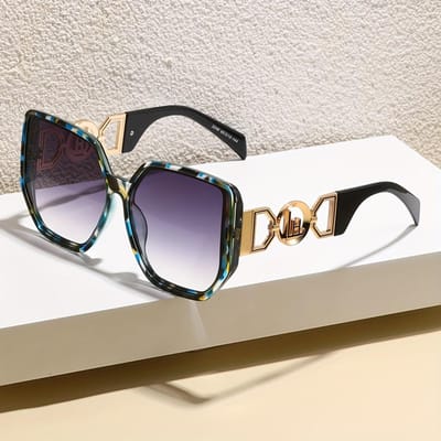 Dames Oversized Vierkante Modebril met Blauwgroene Verloop PC-Lens - Groot Rond Metalen Montuur - Modieus