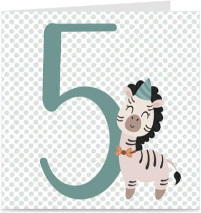 5 JAAR | Verjaardagskaart met leeftijd voor kinderen | Zebra | kaart met envelop | jongen / meisje
