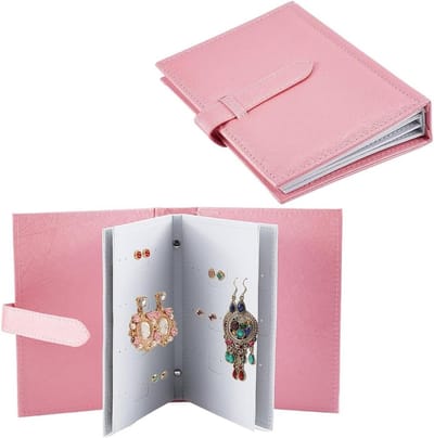 Draagbare oorknopjes organizer voor sieraden, PU-leer etui, opvouwbare reisringtas voor oorbellen, kettingen en armbanden (roze)