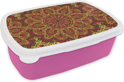 Broodtrommel Roze - Lunchbox - Brooddoos - Patroon - Mandala - Planten - 18x12x6 cm - Kinderen - Meisje